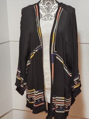Knox Rose Black Open-Front Cardigan with Multicolor Embroidered Trim